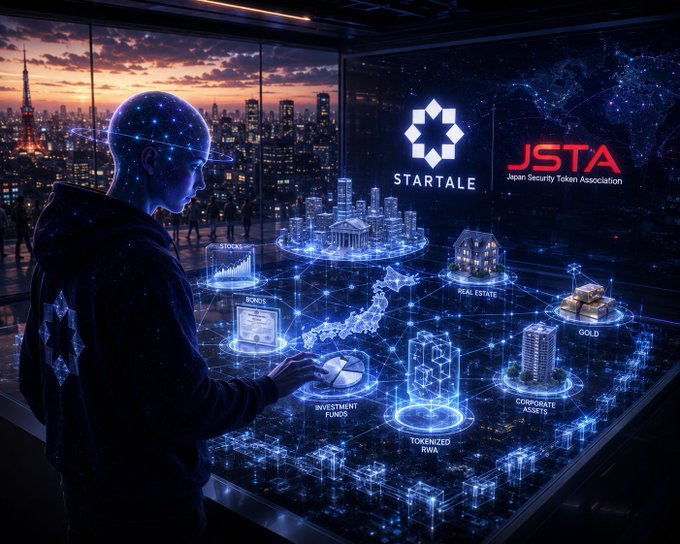 A futuristic digital illustration of a person interacting with a holographic cityscape displaying tokenized assets (stocks, real estate, gold, funds), with logos for "STARTALE" and "JSTA (Japan Security Token Association)" visible.