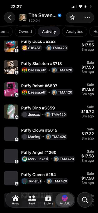 A mobile screenshot showing recent sales activity for 'The Seven' NFT collection, with multiple 'Puffy' items (Duck, Skeleton, Robot, Dino, Clown, Angel, Queen) each selling for around $17 by various sellers to TMA420.