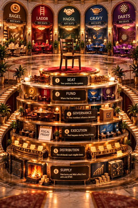 A fantasy-style graphic depicting a tiered cake-like structure where each layer represents financial concepts: 1) Seat, 2) Fund, 3) Governance, 4) Execution, 5) Distribution, and 6) Supply, topped with a chair in a luxurious hall with signs for "Bagel," "Laddr," "Haggl," "Gravy," and "Darts."