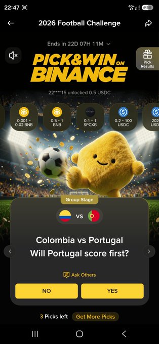 The image shows a Binance "2026 Football Challenge" Pick & Win event screen featuring a Group Stage match prediction between Colombia and Portugal, with users voting "YES" or "NO" on whether Portugal will score first. It ties to the post by showcasing the Binance prediction activity where the user participated to earn USDC rewards by opening boxes.
