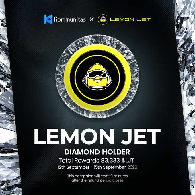 A Kommunitas × Lemon Jet campaign graphic advertising a Lemon Jet “Diamond Holder” event, with 83,333 $LJT total rewards, dates from September 12–15, 2026, and a glowing yellow token emblem.