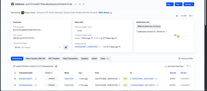 The image shows an Etherscan blockchain explorer page for wallet address 0x21f51E8d50770fbd8efb6a42cf03266E692186, displaying an ETH balance of 0.05192 ETH ($48.50) with two recent "Withdraw" transactions, which the accompanying post references as evidence of 1000 $AXIS tokens being moved from the treasury to a single staging wallet.