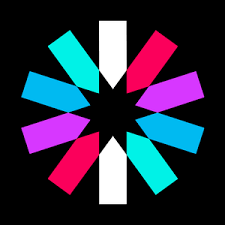 A colorful starburst or asterisk-shaped logo on a black background, featuring radiating petals in teal, magenta, purple, and blue with two white vertical bars in the center.
