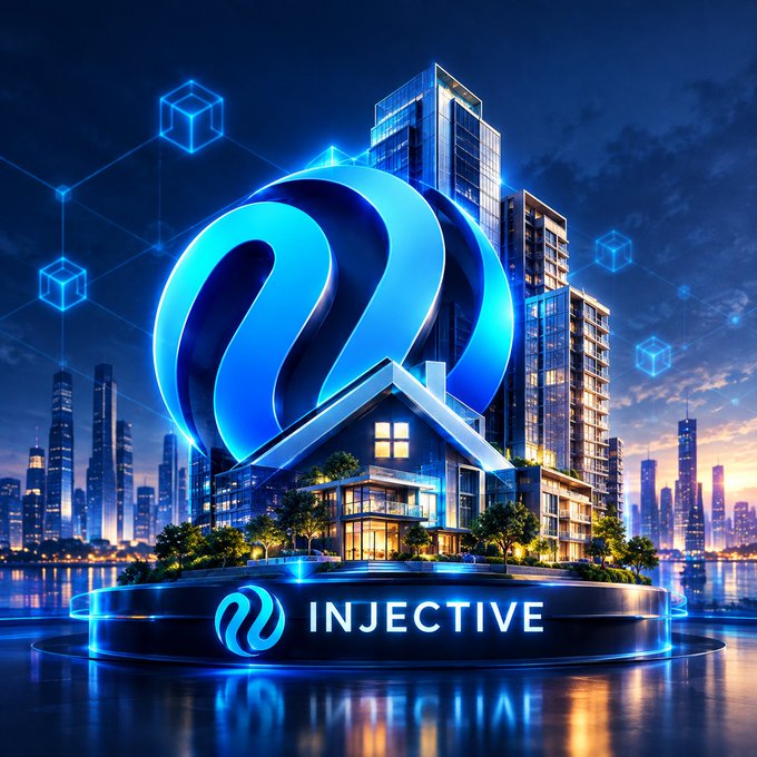 A futuristic nighttime cityscape features a glowing blue Injective blockchain logo hovering above a modern house on a circular platform, with skyscrapers and floating cube symbols in the background. The 'INJECTIVE' name is displayed prominently at the bottom.