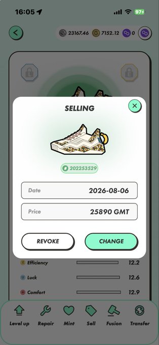 A mobile game screenshot showing a sneaker being sold for 25,890 GMT dated 2026-08-06, with stats for Efficiency 12.2, Luck 12.6, and Comfort 12.9.