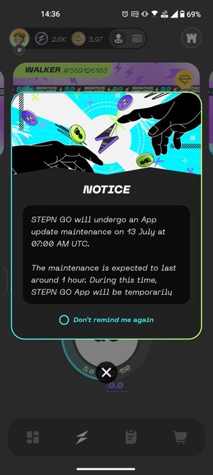 A mobile app screenshot showing a STEPN GO 'NOTICE' about app maintenance on 13 July at 07:00 AM UTC, with a 'Don't remind me again' option, set against a cyberpunk-styled NFT card.