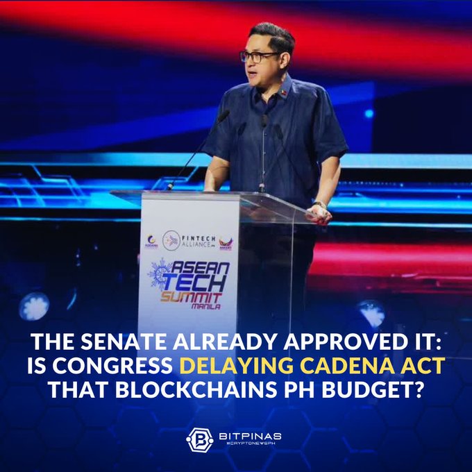 A man speaks at a podium during the ASEAN Tech Summit in Manila, with text overlay reading 'THE SENATE ALREADY APPROVED IT: IS CONGRESS DELAYING CADENA ACT THAT BLOCKCHAINS PH BUDGET?' and the BitPinas Cryptonesyon logo.