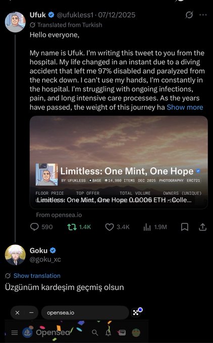 Screenshot of a Twitter/X post by Ufuk (@ufukless1) from 07/12/2025 about a diving accident that left him 97% disabled, featuring an NFT listing 'Limitless: One Mint, One Hope', with a reply from Goku saying 'Üzgünüm kardeşim geçmiş olsun' in Turkish.