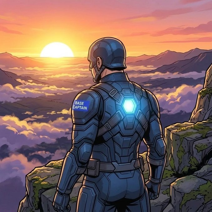 Digital artwork depicting an armored figure labeled 'BASE CAPTAIN' standing on a rocky cliff edge, gazing out at a sunset above a sea of clouds.