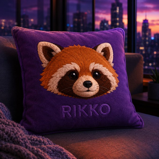 The image features a purple pillow with an embroidered red panda face, along with the name "Rikko" written on it. The pillow appears to be made of soft material and has a comfortable appearance. There are no other objects or texts in the image, so the focus is solely on the pillow and its unique design.