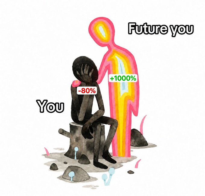 The image shows a sad, slumped black figure labeled "You" with "-80%" sitting on a tree stump, while a glowing, radiant figure labeled "Future you" with "+1000%" stands behind it with a reassuring hand on the present self's shoulder. The visual metaphor captures the "WAGMI" (We're All Gonna Make It) post's message of perseverance through market downturns—though the current self is in the red, the future self promises massive gains to those who hold on and don't let the chop get them down.