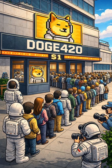 An illustration showing a long line of people, some in astronaut suits and others in casual clothing, waiting outside a store with a large sign reading 'DOGE420 $1' and a pixelated dog logo.