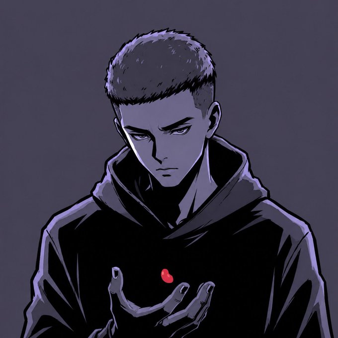A dark anime-style illustration of a man with short hair wearing a black hoodie, holding a glowing red object in his hands.