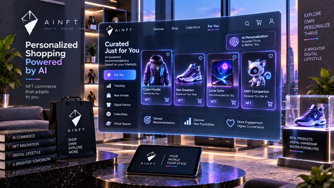 A promotional mockup for "AINFT" showing an AI-powered personalized shopping interface. The screen displays curated categories like "Cyber Hoodie," "Neo Sneakers," "Lunar Echo," and "AINV Companion" against a futuristic cityscape backdrop.