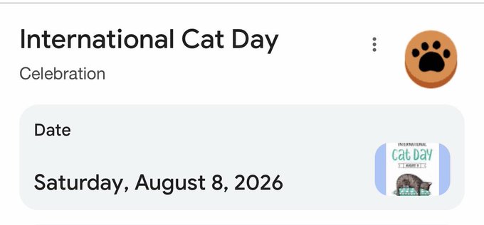 A Google search result for 'International Cat Day' showing it is a Celebration on Saturday, August 8, 2026, with a cat paw emoji and an illustration of two cats.