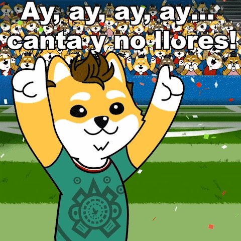 llorores, a cartoon character with brown and white fur, waves hands in the air while standing on a green field surrounded by confetti.