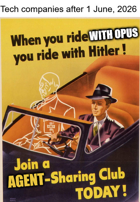 The image features a poster with an old-fashioned car driving down a street, accompanied by two men dressed in suits and hats sitting inside the vehicle. The poster has a message that reads "When you ride with Hitler... When you ride with Agent-Sharing Club today!". This suggests that the poster is promoting a new club or initiative related to sharing resources and working together towards a common goal.