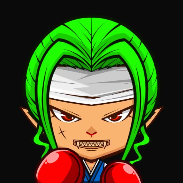 A cartoon chibi-style character with vibrant green hair, a white headband, pointed ears, and sharp teeth, wearing red boxing gloves against a black background.