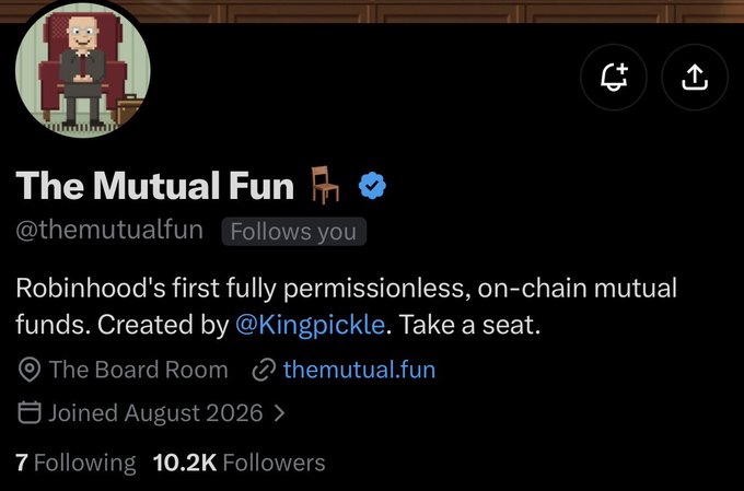 A Twitter/X profile for 'The Mutual Fun' (@themutualfun), verified, describing itself as 'Robinhood's first fully permissionless, on-chain mutual funds. Created by @Kingpickle.' with 10.2K followers, joined August 2026.