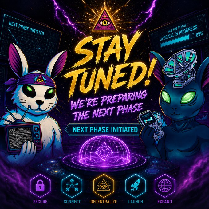 A neon-colored promotional graphic featuring two anthropomorphic cat-like aliens with glowing green eyes — one holding a TV and the other holding a circuit board — flanking the bold text 'STAY TUNED! We're Preparing the Next Phase', with a progress bar at 89% and icons labeled Secure, Connect, Decentralize, Launch, and Expand.