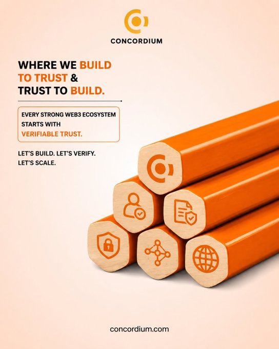 A promotional graphic for Concordium featuring the tagline 'Where we build to trust & trust to build' alongside stacked orange bars stamped with icons representing users, verification, security, networking, and global reach, with concordium.com at the bottom.
