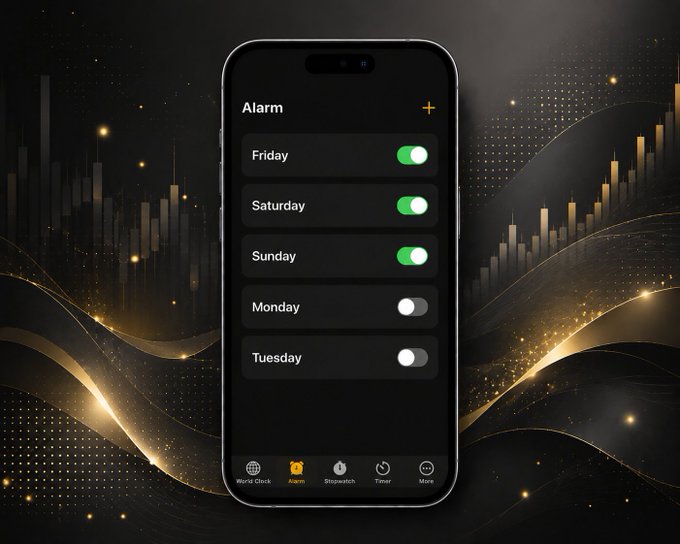 A smartphone displays an iOS Alarm settings screen showing Friday, Saturday, and Sunday toggled ON (in green) while Monday and Tuesday are turned off—perfectly matching the post's "GM Friday, Saturday, Sunday — ON" crypto rallying cry. The device floats against a dramatic black background with golden light streaks and candlestick chart graphics, reinforcing the #BiFu #Crypto #WAGMI bullish weekend trading vibe.