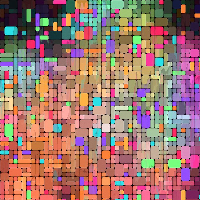 An abstract digital artwork composed of a dense mosaic of small, colorful rounded rectangles in shades of pink, green, orange, and brown.