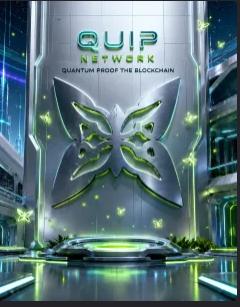 The image features a large butterfly-shaped logo with green wings, situated above a futuristic building or space that appears to be a part of Quip Network's office. The text "quip network" is written below the logo, indicating the company's name and purpose. The focus on community engagement and meaningful participation rather than vanity metrics is emphasized in the image, as it highlights the importance of fostering connections and interactions within the Quip Network ecosystem.