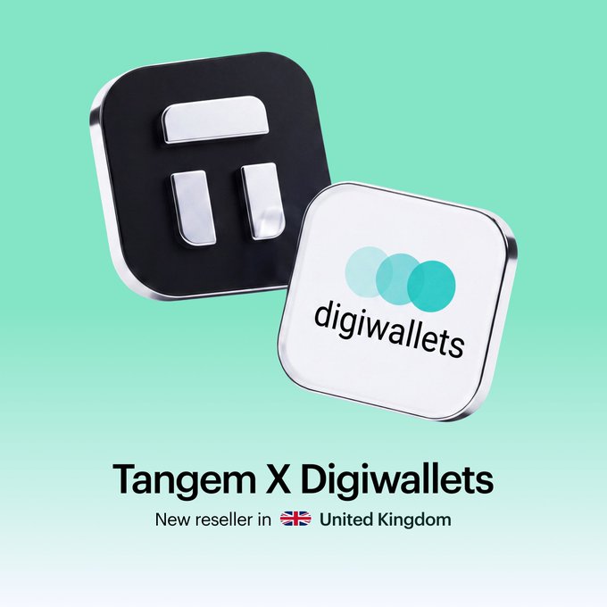 A promotional graphic on a mint green background displays two 3D app icons—one black with a 'T' design and one white with the 'digiwallets' logo—announcing 'Tangem X Digiwallets New reseller in United Kingdom'.