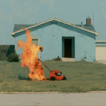 A person calmly mows a burning lawn in front of a modest suburban home, turning a mundane chore into a surreal, almost mundane scene. The artwork, titled "yard work," captures the absurd humor and quiet dread of routine domestic life as referenced in the accompanying post about "the monotony of everyday life."