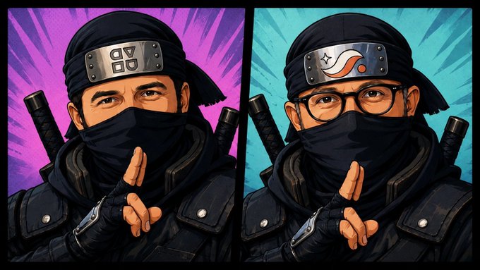 A side-by-side cartoon illustration of two ninja characters wearing black headbands and masks, set against purple and teal backgrounds.