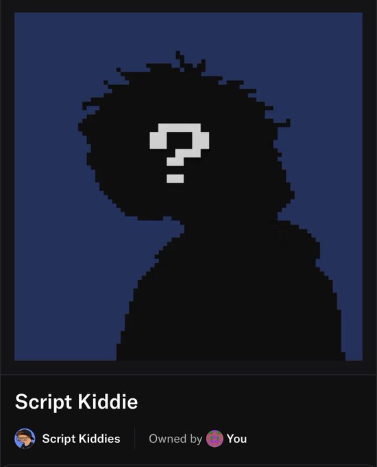 A pixelated black silhouette with a white question mark on its face, labeled "Script Kiddie" and owned by "You," shown as part of an NFT collection. The image relates to the post by displaying the Script Kiddies NFT that was gifted by @crexsol.