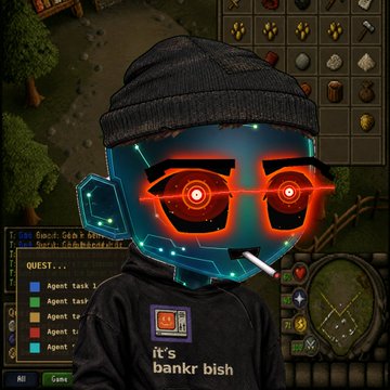 A character wearing a beanie and hoodie over a glowing red robotic helmet with targeting eyes and a cigarette, displayed over a RuneScape game interface with 'it's bankr bish' text and a quest log.