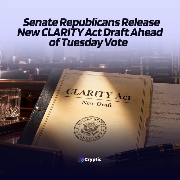 The image shows a document labeled "CLARITY Act New Draft" with a United States Congress seal, displayed on a desk alongside legal books, a glass, and a pen, beneath the headline "Senate Republicans Release New CLARITY Act Draft Ahead of Tuesday Vote." The graphic visually represents the newly released 635-page legislative draft mentioned in the post, emphasizing its official Congressional nature as Republicans prepare for an upcoming vote incorporating White House-backed ethics provisions.
