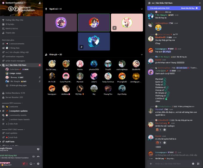 A Discord server interface for 'Sentient Foundation' showing voice channels 'Nguồn nói' with 4 members and 'Khắc gia' with 20 members, alongside a chat window titled 'vn | Sàn khẩu Việt Nam' with messages in Vietnamese.