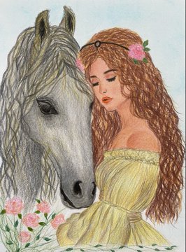 An illustrated drawing of a young woman with long curly red hair, closed eyes, and a flower headband, standing next to a gray horse with roses in the foreground.