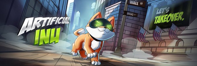 A cartoon dog with green digital eyes leaps confidently through a city street, with "ARTIFICIAL INU" branding on the left and a "LET'S TAKEOVER" sign beside American flags on the right, evoking the meme-stock energy the post describes. The wall street setting and rebellious "takeover" message visually reinforce $AI's positioning as a meme token that bridges internet culture with stock-market hype by pegging its value directly to NVDA.