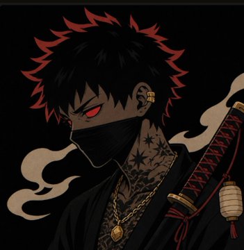 A dark, anime-style character with glowing red eyes, spiked black and red hair, a face mask, tattooed neck, gold chain, and a sheathed katana stands against a black background, fitting the mysterious and edgy aesthetic of the early "Kyzin" NFT collection teased in the post. No text or numbers are visible in the image itself.