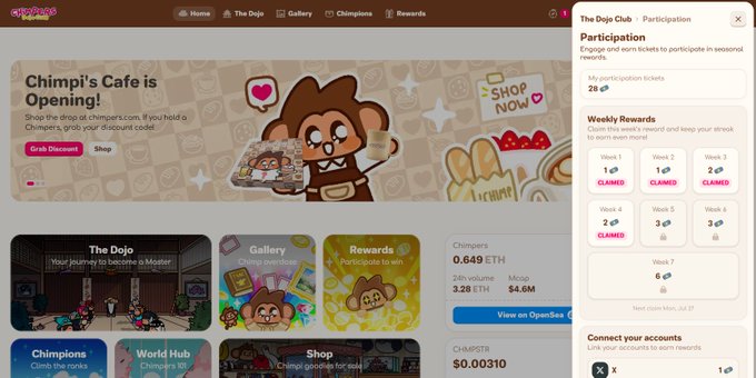 A screenshot from the Chimpers NFT website shows a banner announcing "Chimpi's Cafe is Opening!" with a shopping discount code, alongside the Dojo Club participation panel displaying 28 tickets earned and weekly rewards status showing Weeks 1-6 as CLAIMED and Week 7 with 6 tickets available before the next claim on Monday, July 29. The image visually supports the post's message about collecting raffle tickets at the Collector Hub, reinforcing the call to stack rewards before reward SZN arrives.