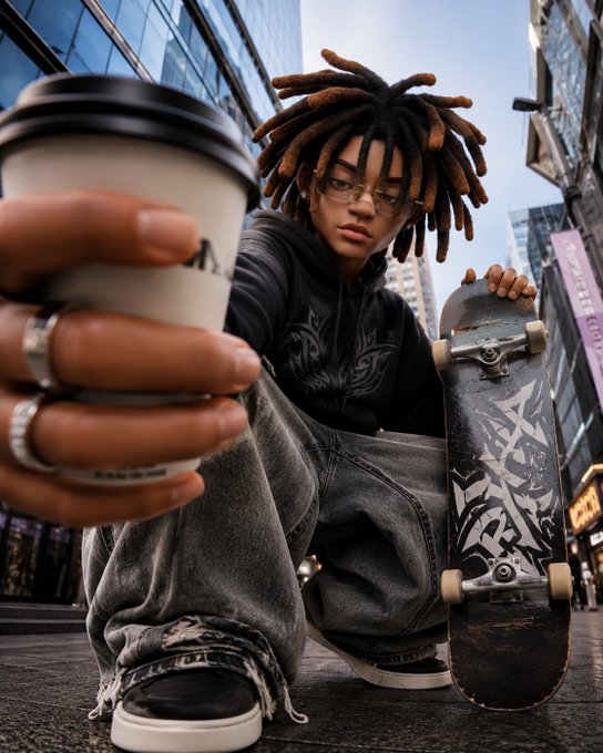 A photorealistic image of a young person with dreadlocks sitting with a skateboard, holding up a coffee cup toward the camera in an urban setting.