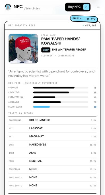 An NFT profile card for 'PAM "PAPER HANDS" KOWALSKI' (#63,282), described as 'THE WHITEPAPER READER' (INTP, Conservative), featuring an ape character in a MAGA hat with traits like lab coat and AK47.