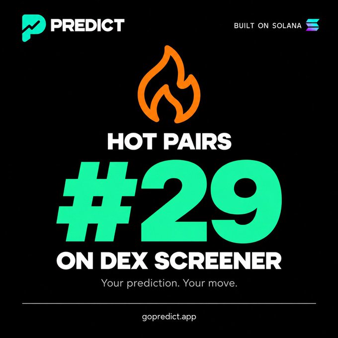 A promotional graphic for the PREDICT app displays '#29 HOT PAIRS ON DEX SCREENER' against a black background, noting it is 'BUILT ON SOLANA' with the URL gopredict.app.