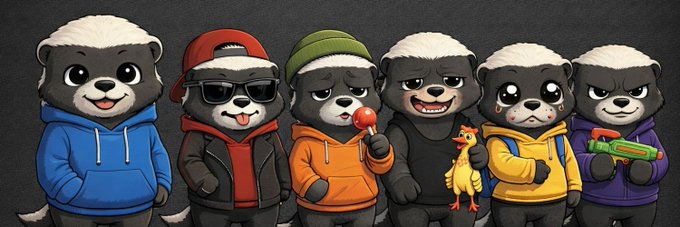 A lineup of six cartoonish otter characters in various outfits (hoodie, sunglasses with red cap, lollipop, rubber chicken, backpack, and water gun) displayed against a dark background.