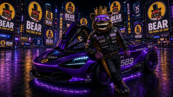 A costumed bear mascot wearing a crown and racing suit leans against a purple McLaren-style sports car emblazoned with "589," "BEAR," "XRP," and "XRPL" branding, set against a neon-lit cityscape filled with repeating "BEAR THE KING OF XRP" billboards. The image promotes the BearBangerz YouTube channel (@BearBangerz123) and the $BEAR XRP token, visually reinforcing the meme token's royal "king" branding through luxury car and crown imagery.