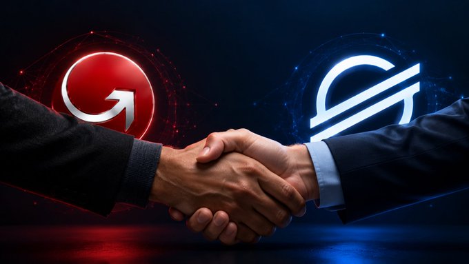 A handshake between two business partners in suits is illuminated by the glowing red MoneyGram "G" logo and the blue Stellar cryptocurrency symbol in the background, symbolizing the newly announced partnership to launch MoneyGram's first stablecoin (MGUSD) on the Stellar (XLM) network via Stripe's Bridge for cross-border payments.