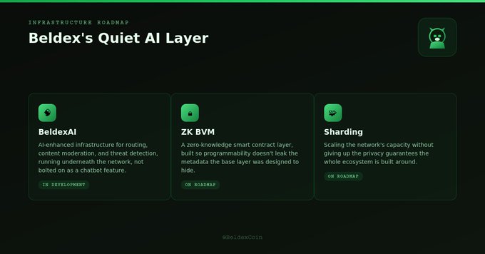 The image is an "Infrastructure Roadmap" graphic for Beldex, highlighting "Beldex's Quiet AI Layer" with three key initiatives in green-themed cards: "BeldexAI" (in development), "ZK BVM" (on roadmap), and "Sharding" (on roadmap), tagged with #BeldexCoin. It visually supports the post by showcasing the lesser-known AI-enhanced infrastructure components being developed beneath Beldex's privacy-focused network.