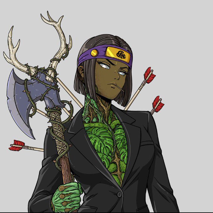 An anime-style illustration of a character with dark hair, a purple headband, arrows in her back, holding an axe with antlers, wearing a black blazer, with green leaves/vines on her body.