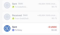 A screenshot of Robinhood transaction history showing three recent transfers: two "Sent" transactions of -48,884.1848 USDC to "0xOxle632" and "0xB293e8" (both with spam icons), and a "Received" transaction of +48,884.1848 USDC, alongside a -$5.00 USDC "Sent" to "Relay." The user is using these entries as evidence that Robinhood failed to block a scam transaction that drained roughly $50 from their account, prompting them to tag Robinhood's CEO Vlad Tenev and praise Solana as a better platform for trading memecoins.