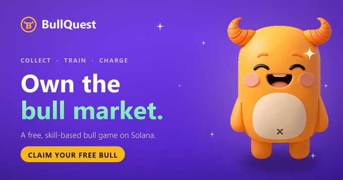 A promotional graphic for 'BullQuest' featuring a cute 3D orange bull mascot and the tagline 'Own the bull market' along with 'COLLECT · TRAIN · CHARGE' and a 'CLAIM YOUR FREE BULL' button.
