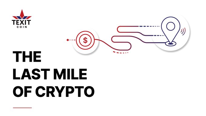 A promotional banner for TEXIT COIN titled 'THE LAST MILE OF CRYPTO' featuring a graphic illustration of a dollar coin traveling along a path to a location pin.
